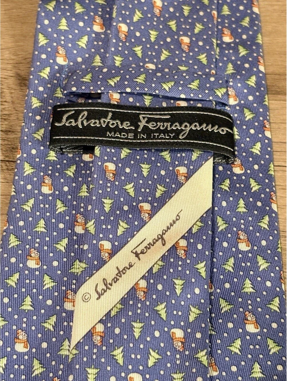 Salvatore Ferragamo Silk Christmas Tie Made In Italy Blue Snowmen Trees
